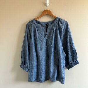 Chap’s chambray blouse Y-neck 3/4 sleeve linen blend size XL